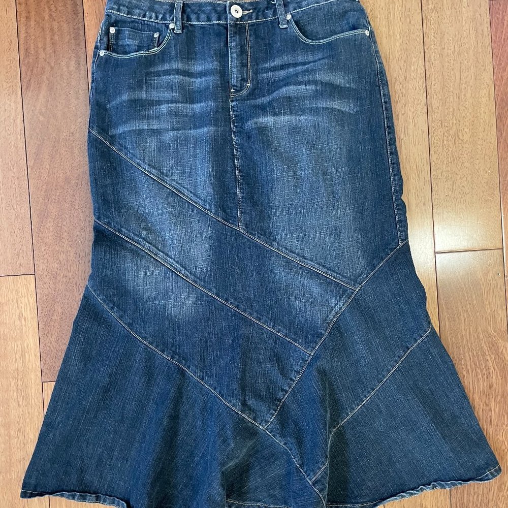 Baccini Low Waist Retro Flare Denim Maxi Skirt